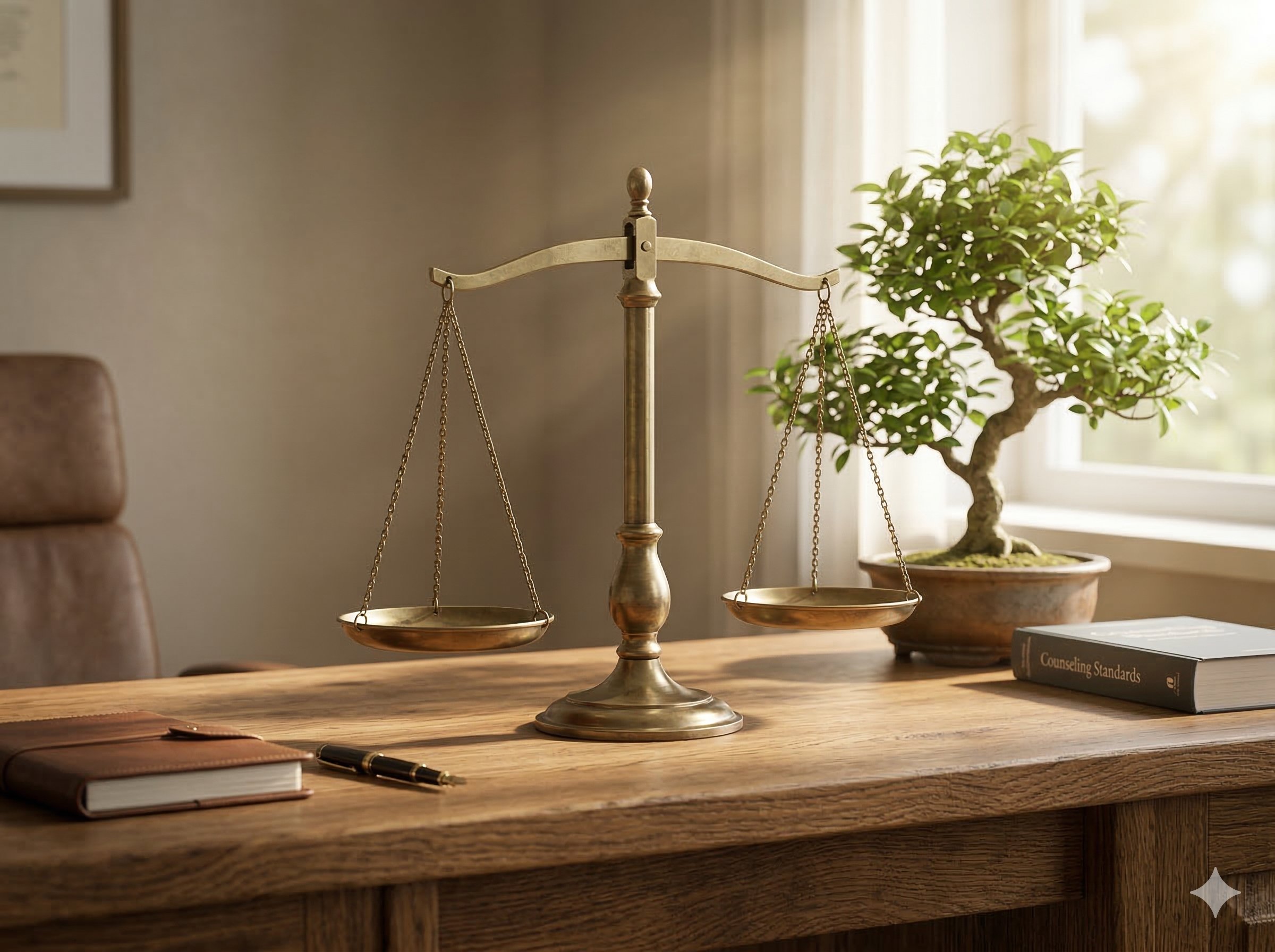 A professional counsellor's oak desk with scales of justice and a bonsai tree, representing certified expertise